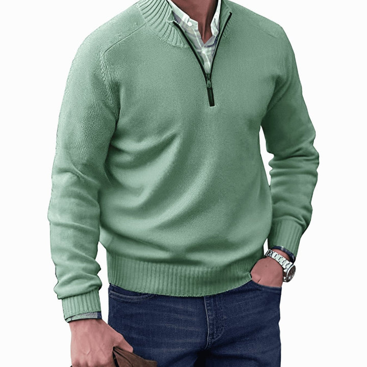 Sage green quarter-zip pullover jumper with ribbed mock collar