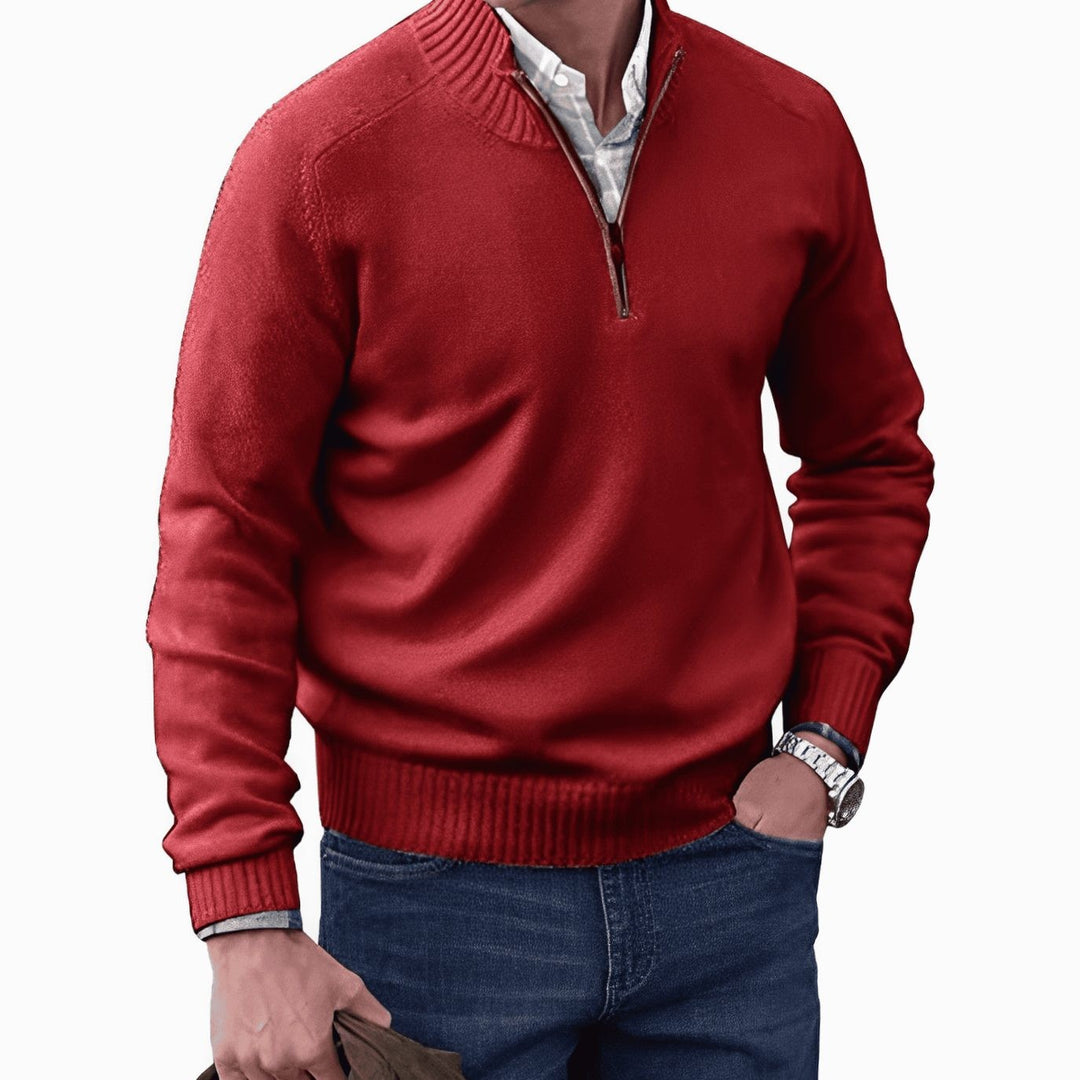 Red ribbed mock-neck jumper with brown zip trim detailing