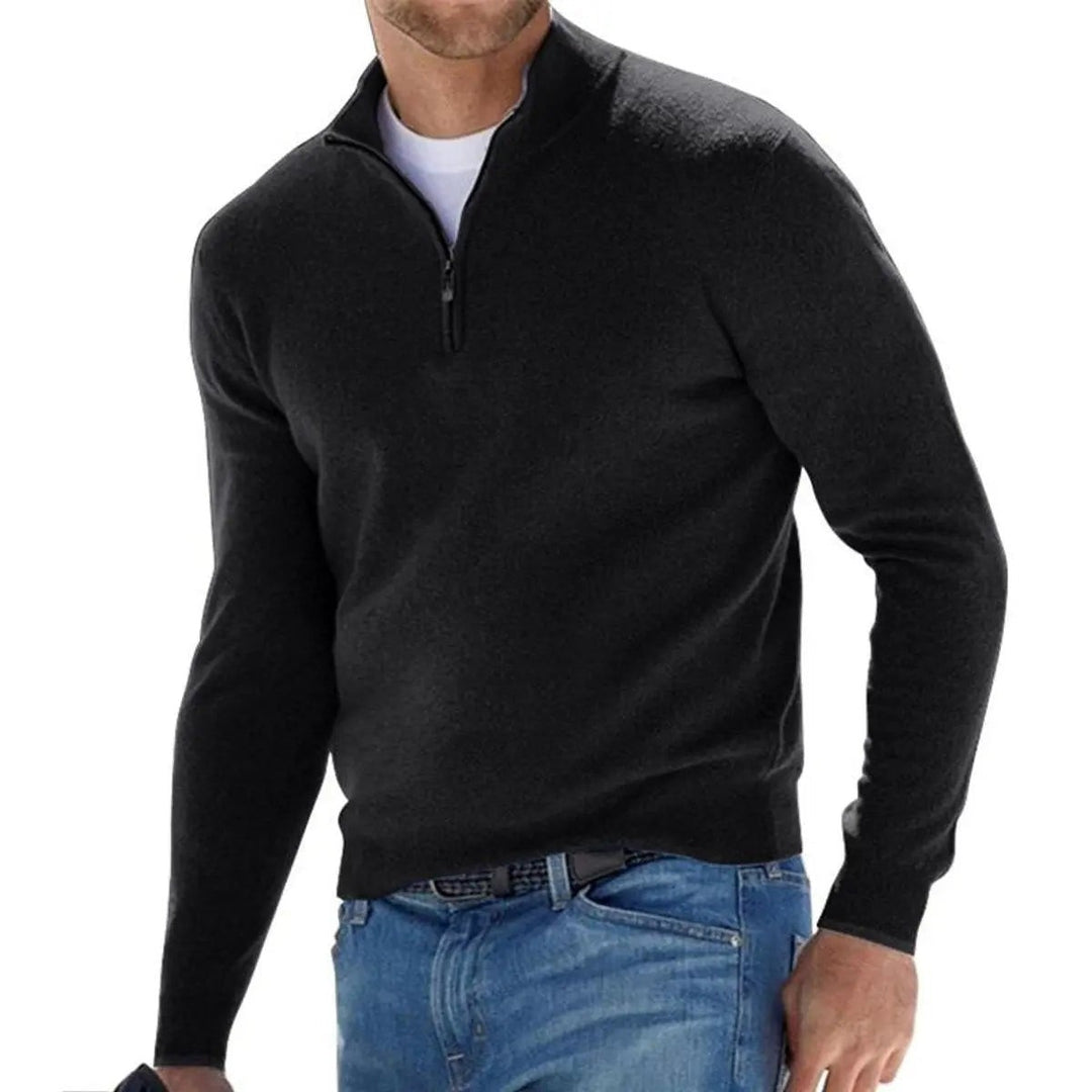 Charcoal quarter-zip knit jumper styled with a white t-shirt