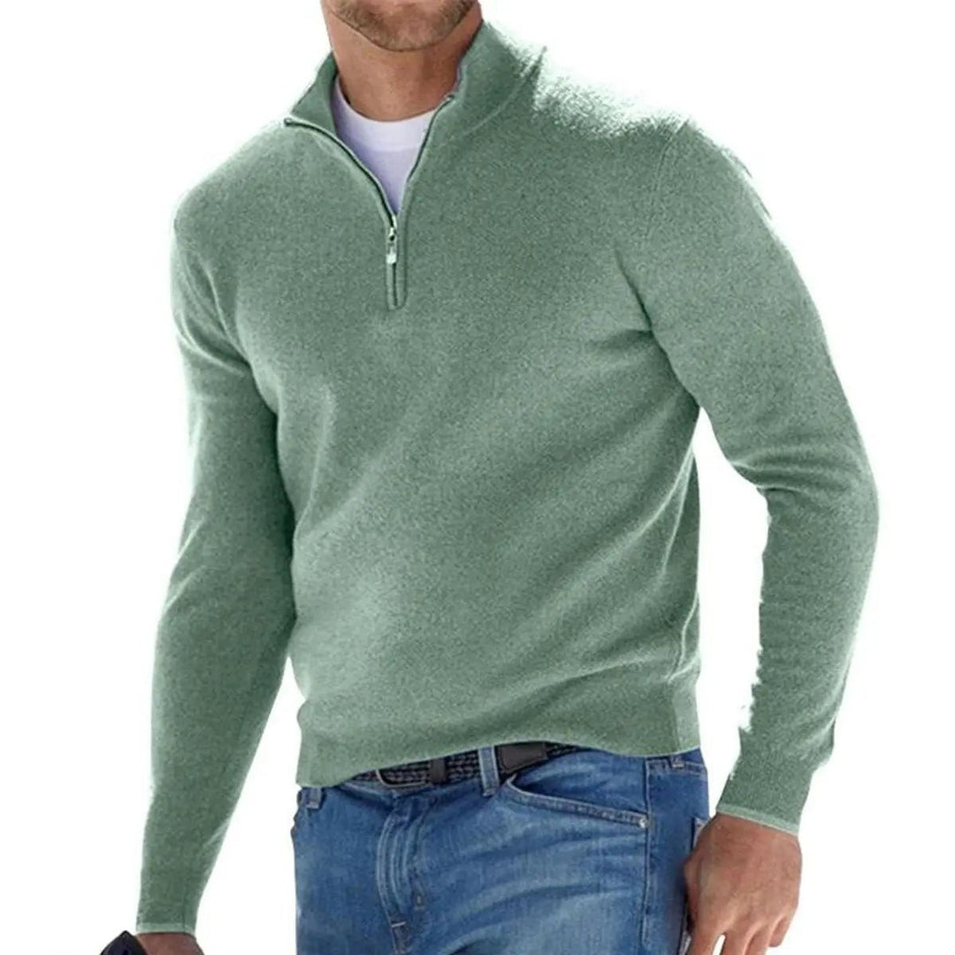 Sage green quarter-zip knit jumper with high funnel neck
