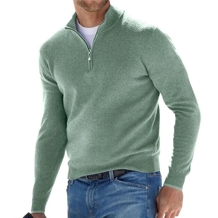 Sage green quarter-zip knit jumper with high funnel neck