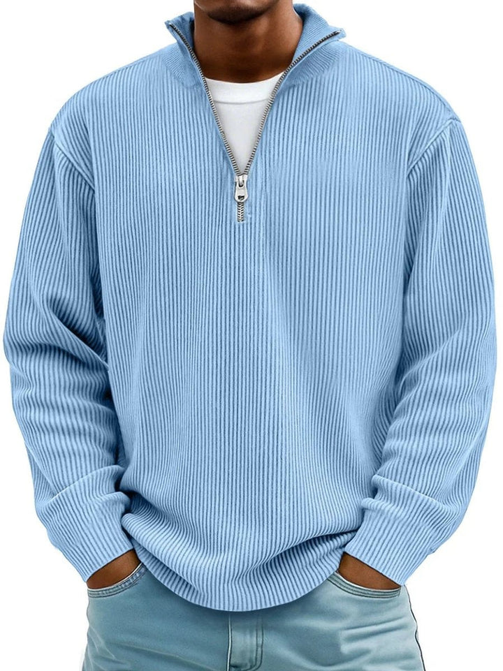 Pale blue ribbed knit quarter-zip jumper with mock neck collar