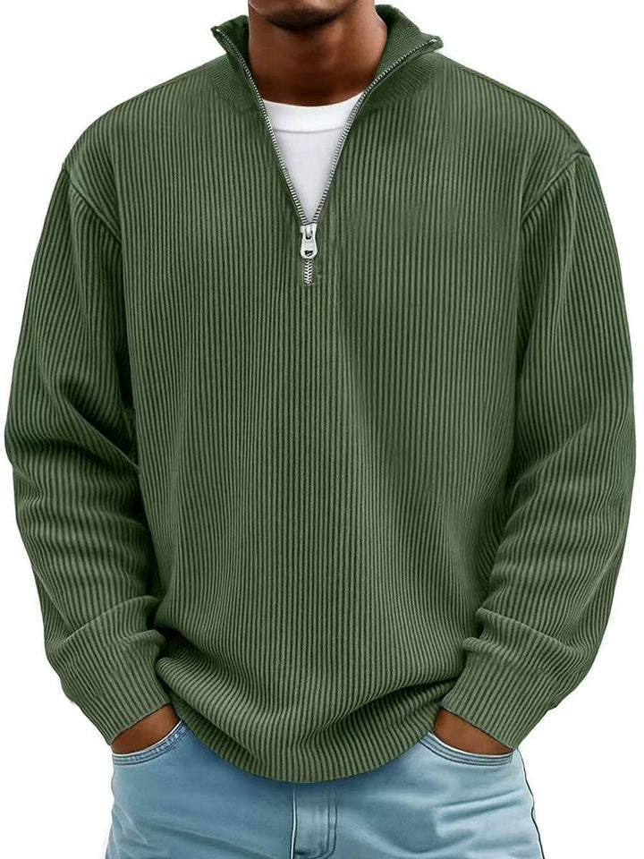 Olive green ribbed knit quarter-zip jumper with mock neck collar