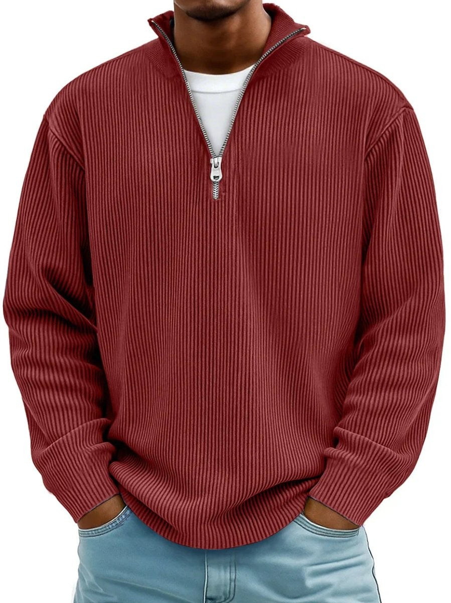 Rust red ribbed knit quarter-zip jumper with funnel neck design