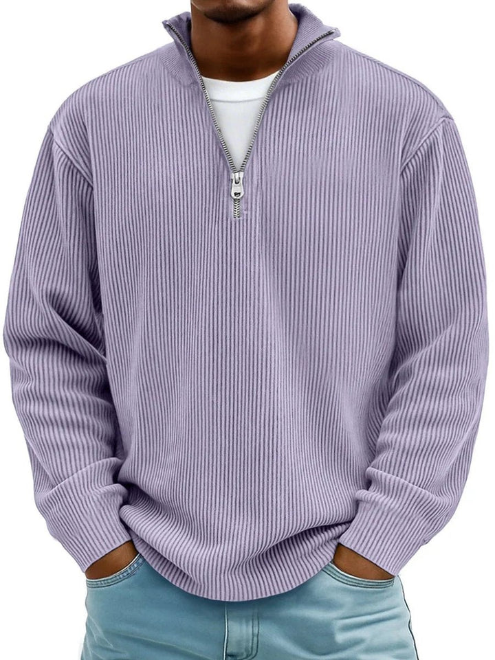 Lilac ribbed knit quarter-zip jumper with mock neck collar