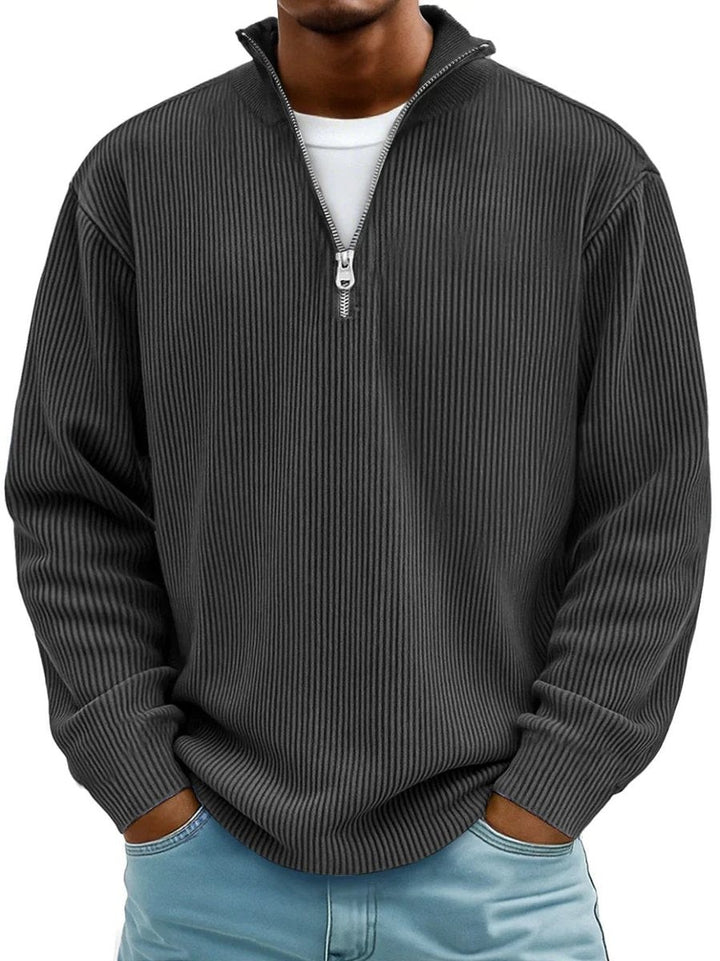 Charcoal grey ribbed knit quarter-zip jumper with high neck