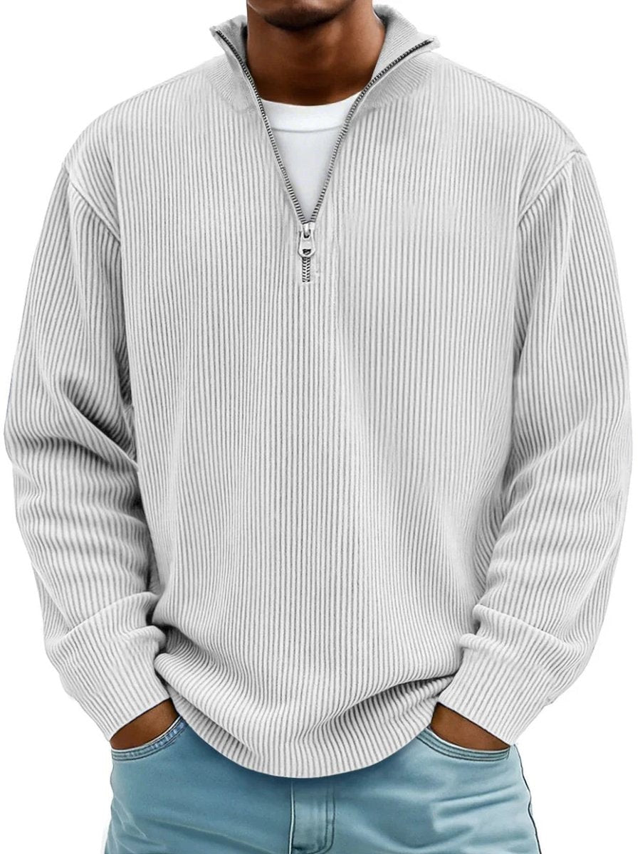 Light grey ribbed knit quarter-zip jumper with mock collar
