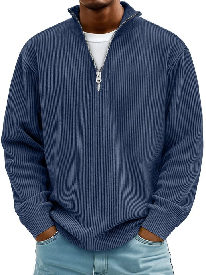Navy blue ribbed knit quarter-zip jumper with mock neck