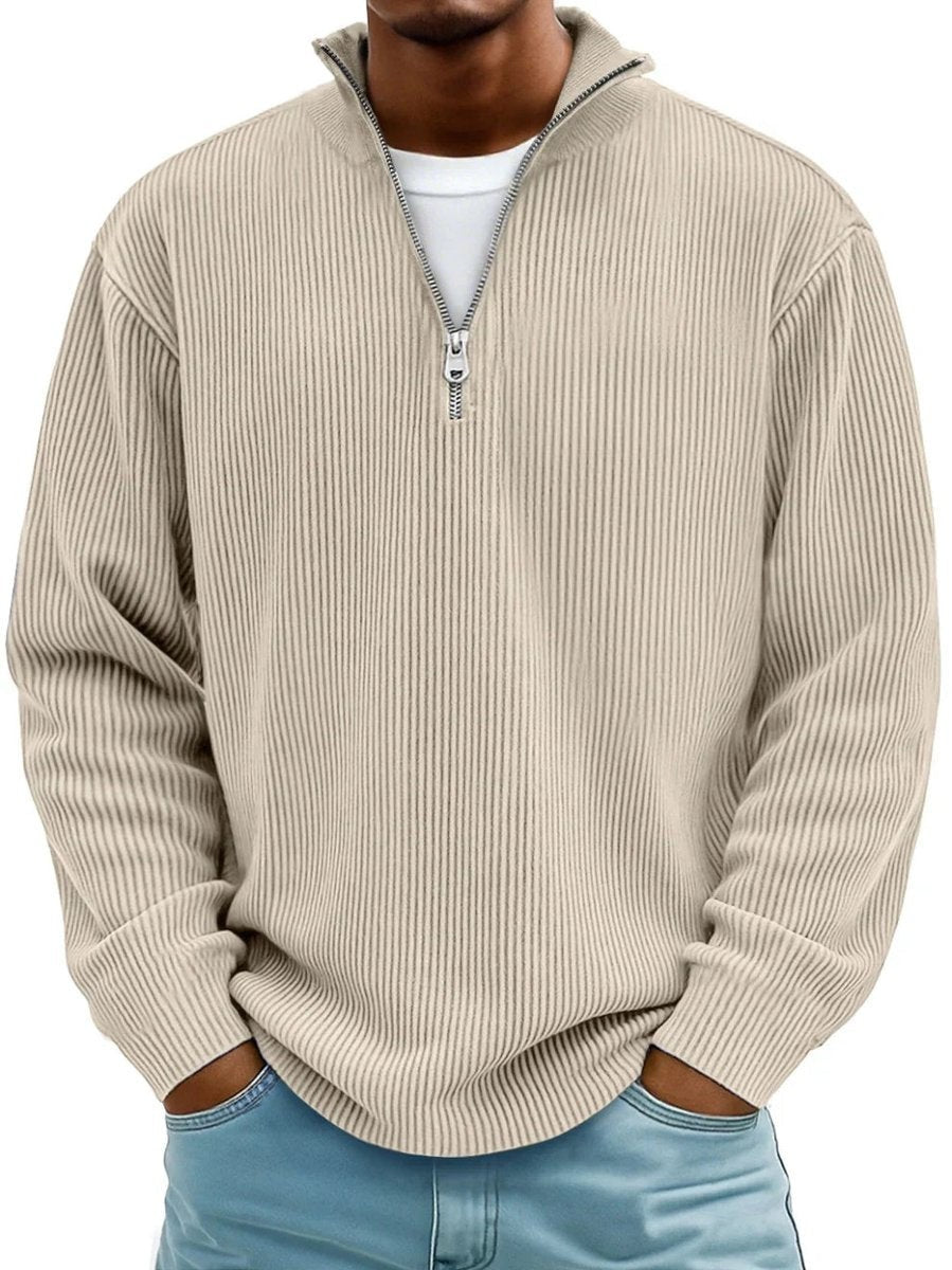 Beige ribbed knit quarter-zip jumper with funnel neck collar