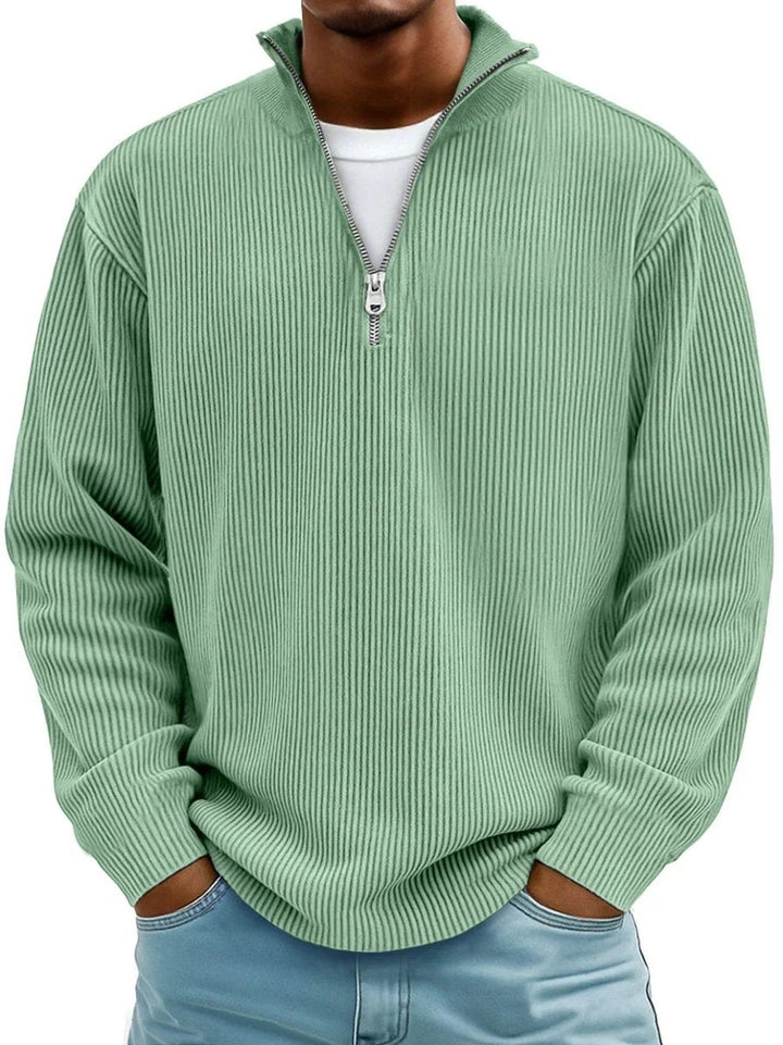 Sage green ribbed knit quarter-zip jumper with mock neck