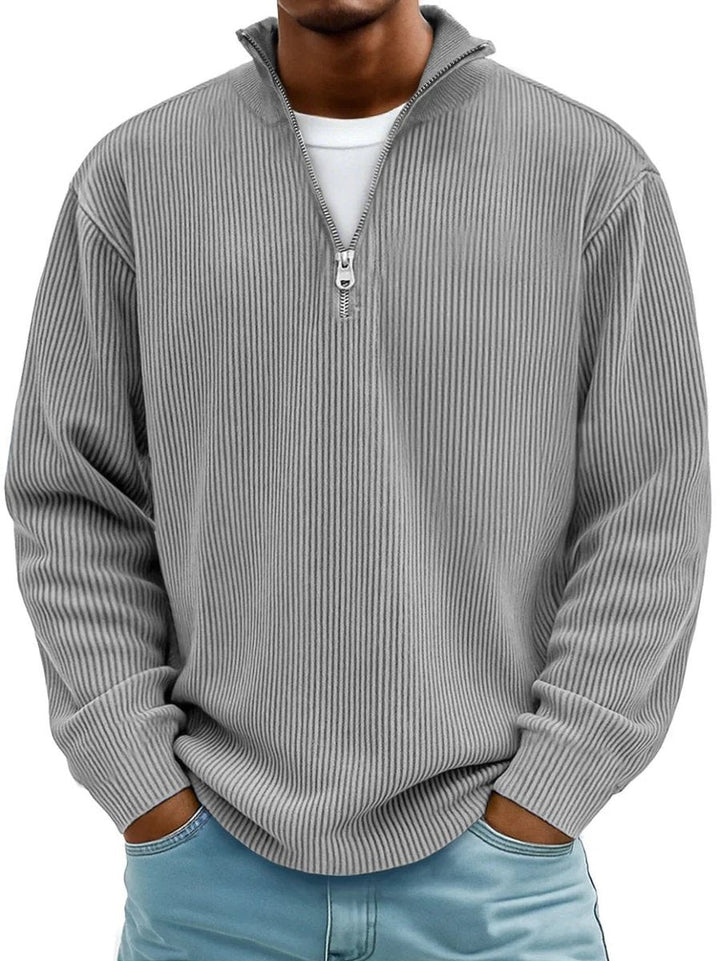Mid-grey ribbed knit quarter-zip jumper with mock neck collar