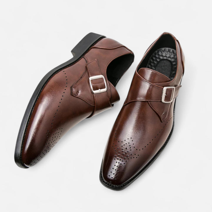 Brown leather single monk strap shoes with silver buckle, top-down view