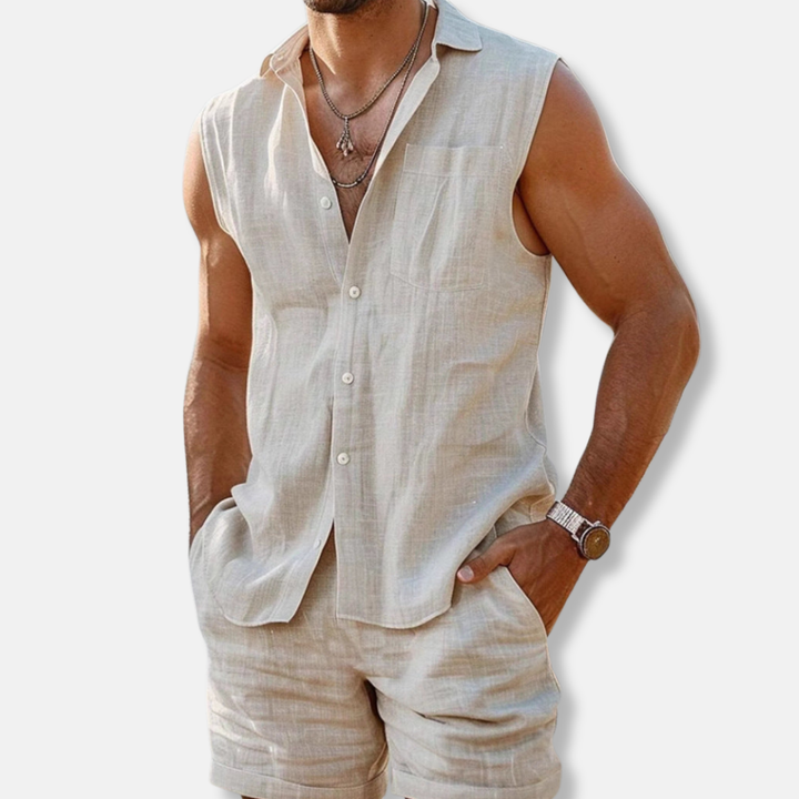 Beige linen sleeveless shirt and shorts set with chest pocket detail