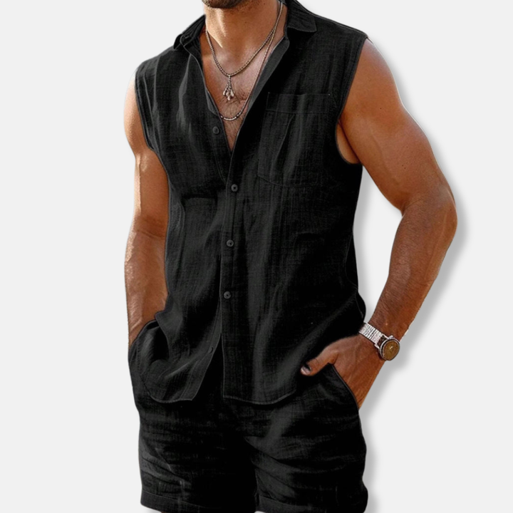 Black linen sleeveless button-down shirt paired with matching shorts