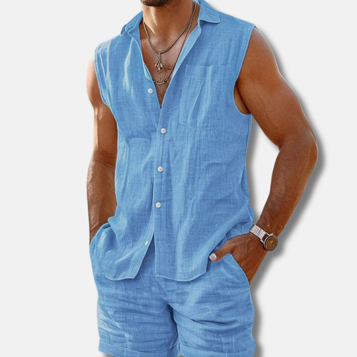 Sky blue linen sleeveless shirt and shorts co-ord with collar detail