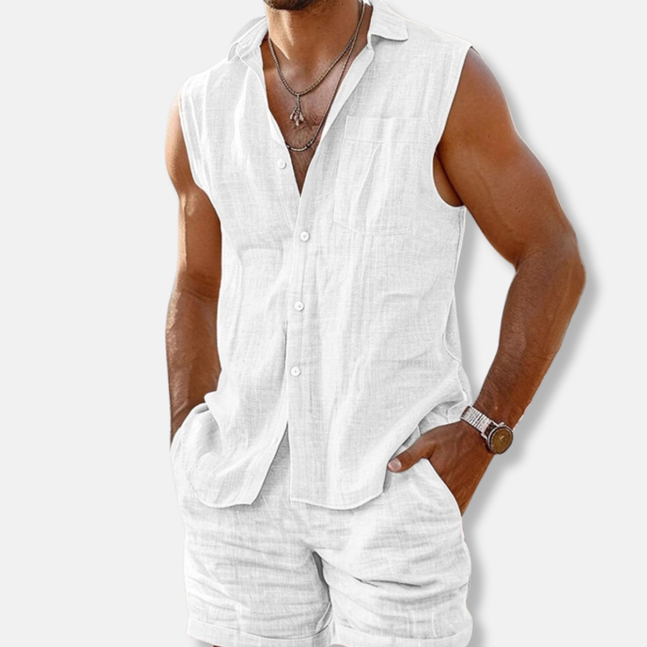 White linen sleeveless button-down shirt with matching tailored shorts