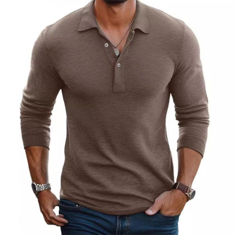 Brown long sleeve slim fit polo shirt with open button placket, worn by man