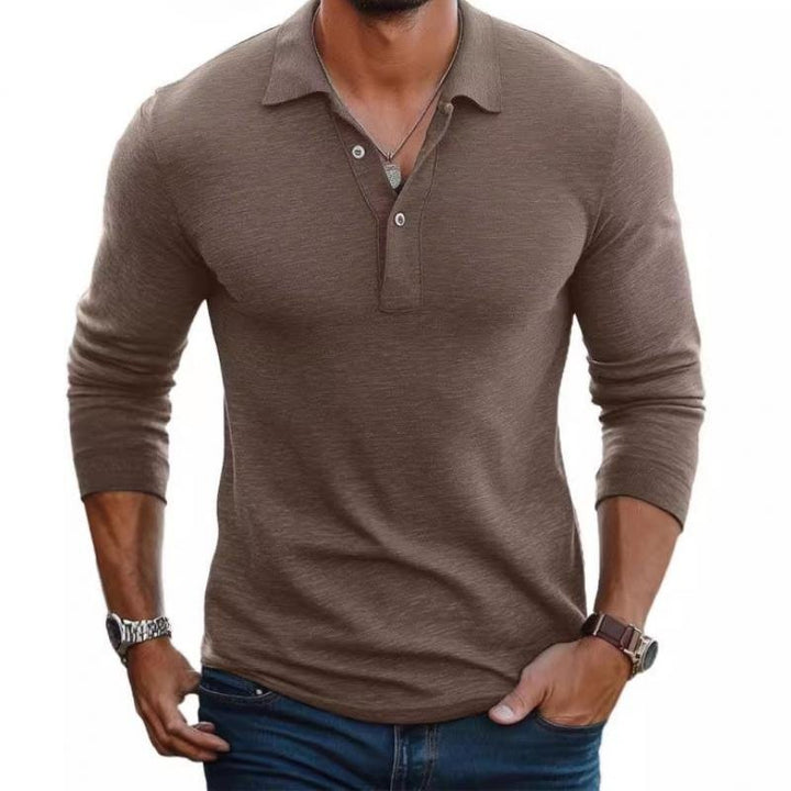 Brown long sleeve slim fit polo shirt with open button placket, worn by man