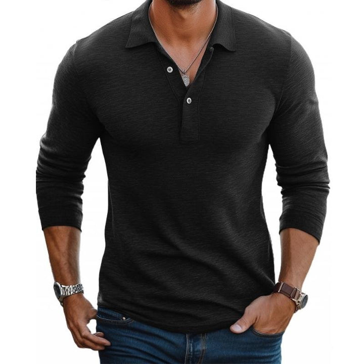 Black long sleeve slim fit polo shirt featuring open collar and button placket