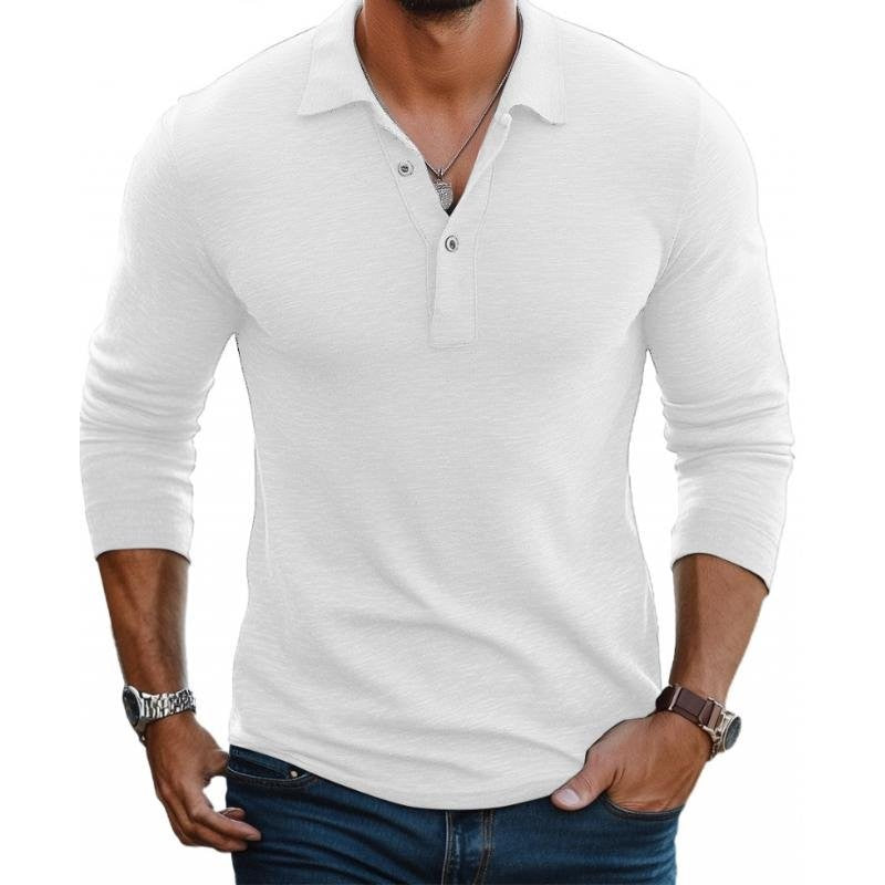 White long sleeve slim fit polo shirt with satin-smooth finish and open collar