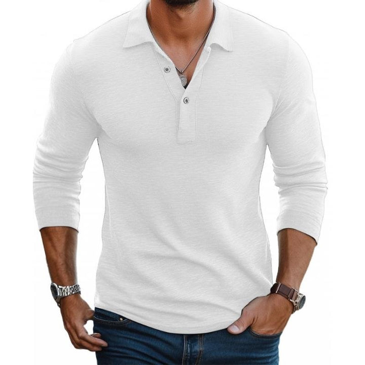White long sleeve slim fit polo shirt with satin-smooth finish and open collar