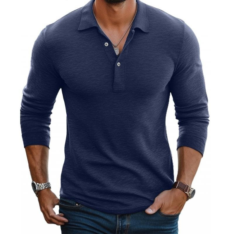 Navy long sleeve slim fit polo shirt with buttoned placket and open collar