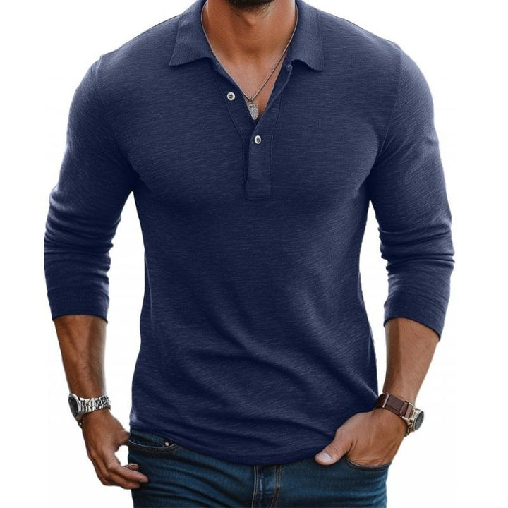 Navy long sleeve slim fit polo shirt with buttoned placket and open collar