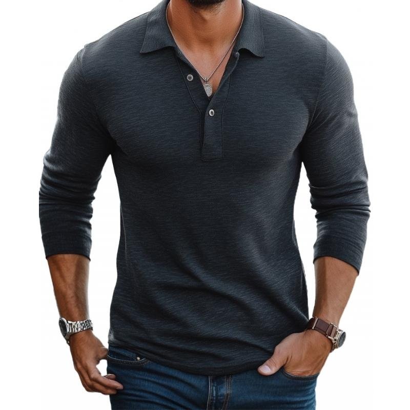 Charcoal grey long sleeve slim fit polo shirt with textured fabric and open collar