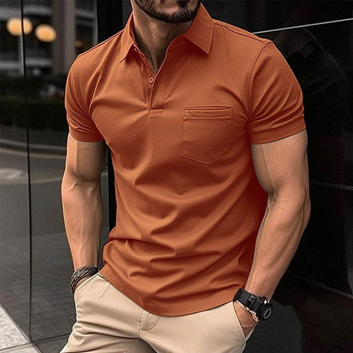 Rust orange short-sleeve polo shirt featuring button placket and chest pocket