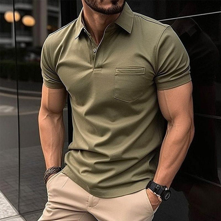 Olive green slim-fit polo shirt with collar and single chest pocket