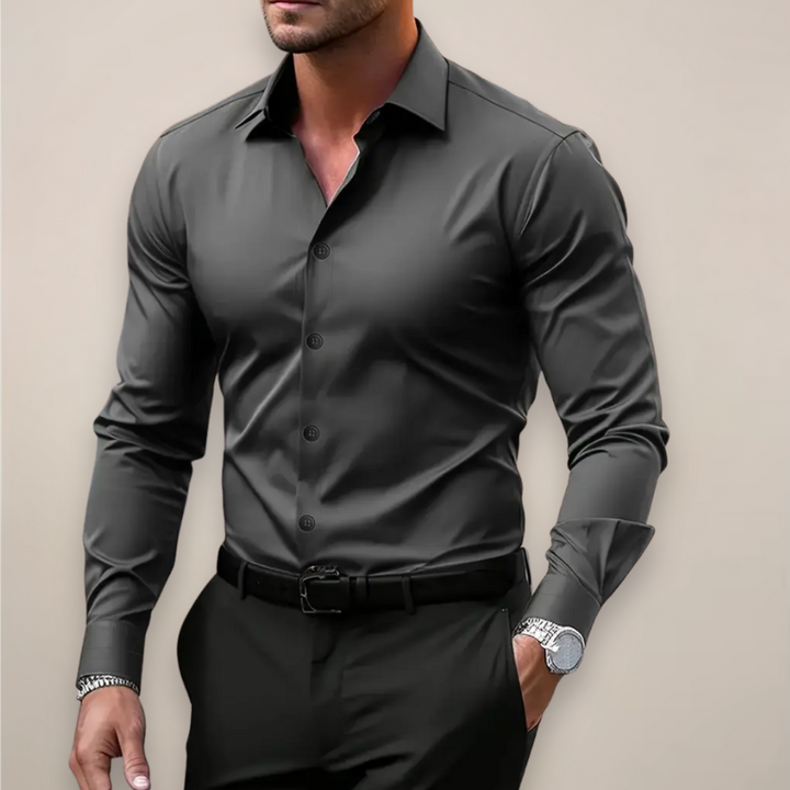 Charcoal grey long sleeve men's shirt with contrast black button placket