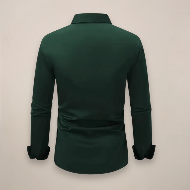 Rear view of dark green long sleeve smart shirt showing tailored back