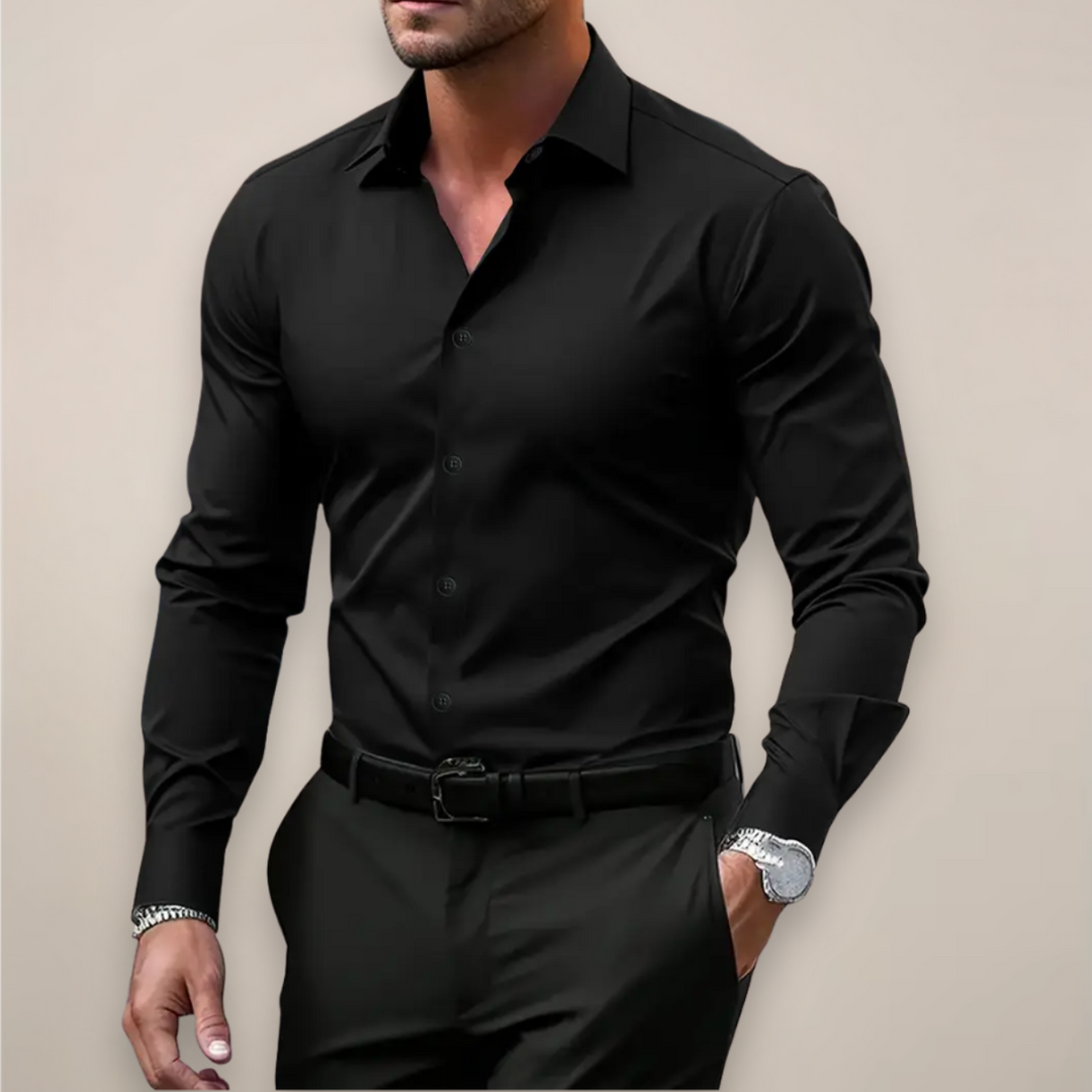 Black long sleeve smart shirt with a tailored slim fit collar