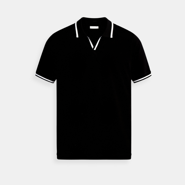 Black slim fit polo shirt featuring a contrast white tipped collar and cuffs