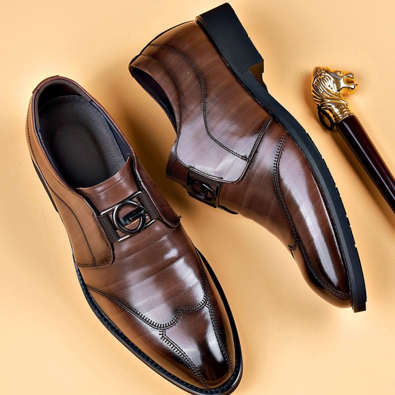 Pair of brown leather loafers with metal buckle trim, styled with a cane