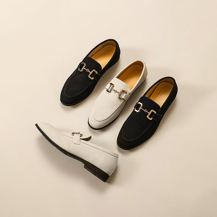 Trio of suede loafers in black and cream shades with gold buckle detailing
