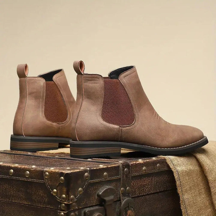 Light brown suede-effect Chelsea boots with contrasting rust elastic panel