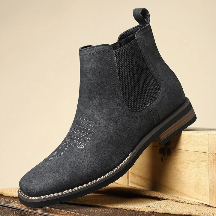 Charcoal grey suede-style Chelsea boot with western stitch pattern