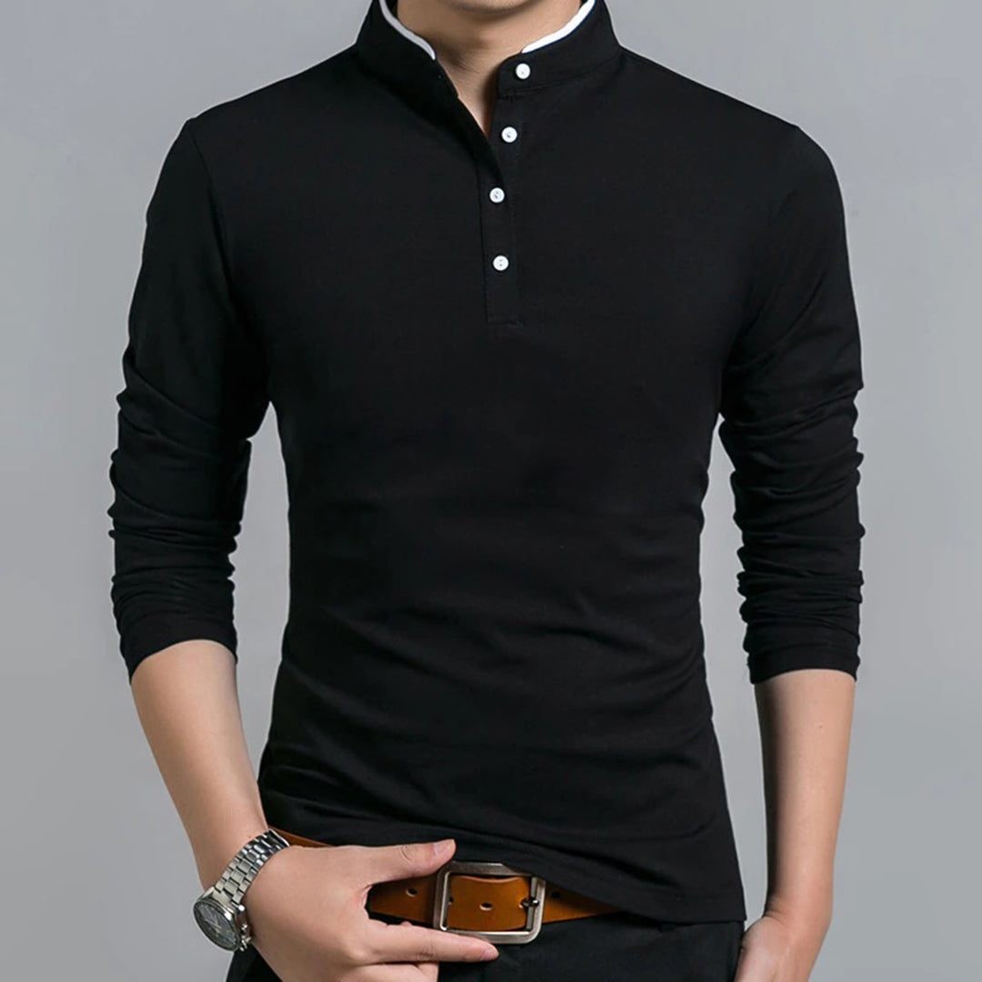 Black long-sleeve polo shirt with stand collar and contrast button placket