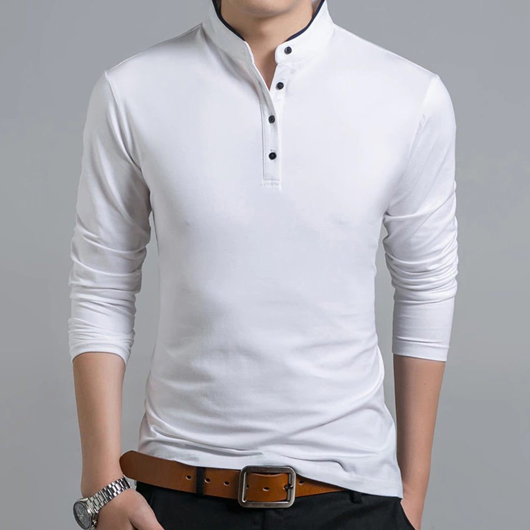 White long-sleeve polo shirt with stand collar and contrasting navy trim