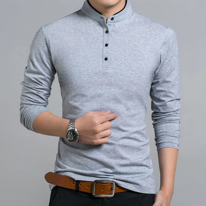 Grey marl long-sleeve polo shirt with stand collar and black buttons