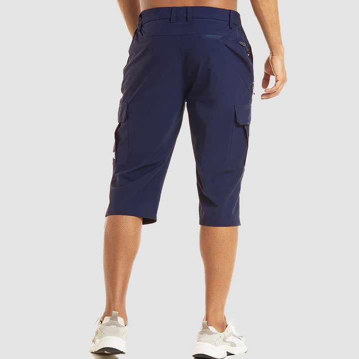 Navy blue cropped cargo shorts rear view showing back pockets and stitching