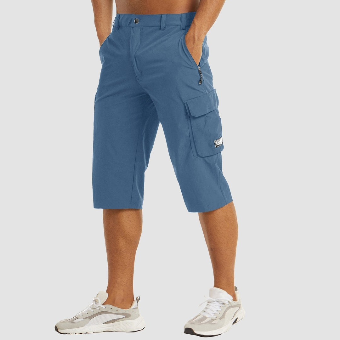 Denim blue cargo shorts with zip pocket detail and relaxed stretch fit