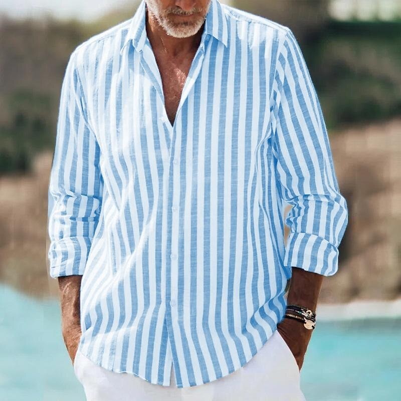 Men's long sleeve shirt in blue and white striped linen-blend fabric