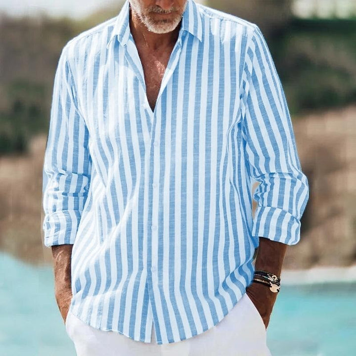 Men's long sleeve shirt in blue and white striped linen-blend fabric