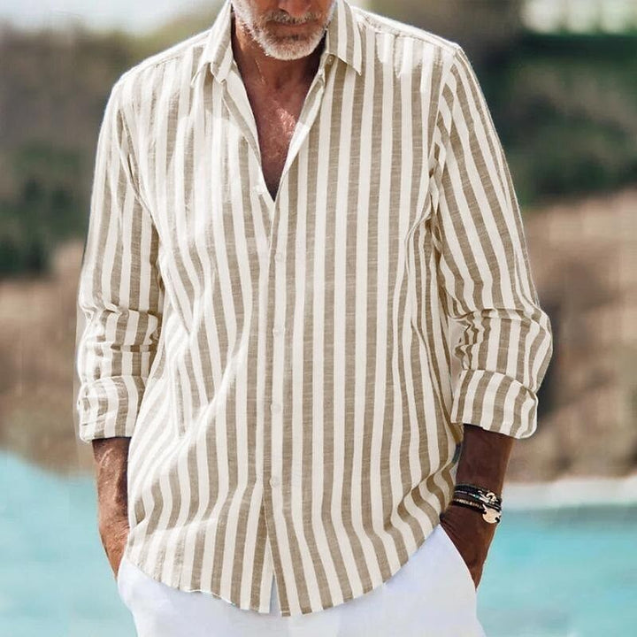 Men's long sleeve shirt in beige and white striped cotton fabric