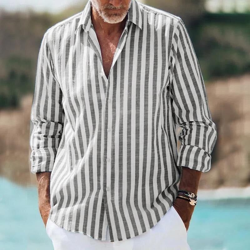 Men's long sleeve shirt in grey and white striped lightweight fabric