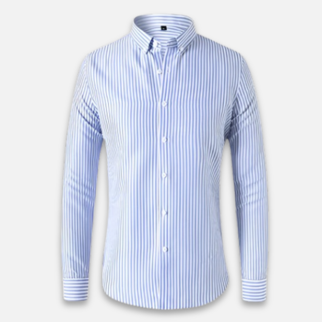 Men's blue and white striped long-sleeve shirt with button-down collar