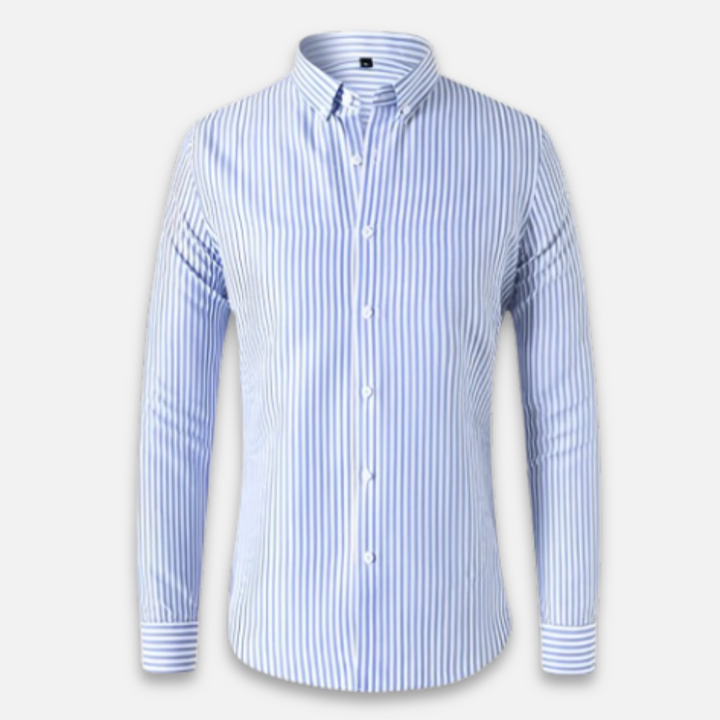 Men's blue and white striped long-sleeve shirt with button-down collar