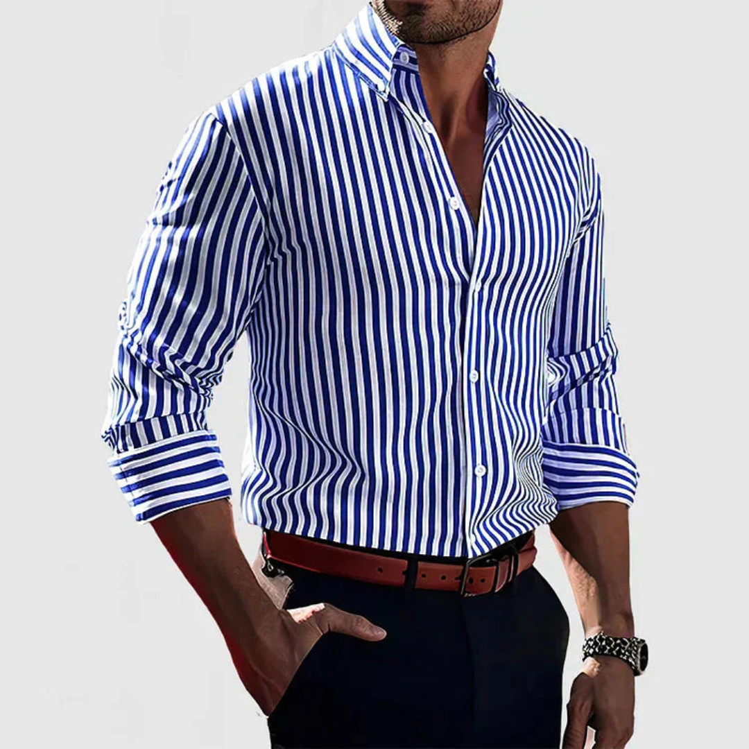 Blue and white striped long-sleeve shirt paired with a tan belt